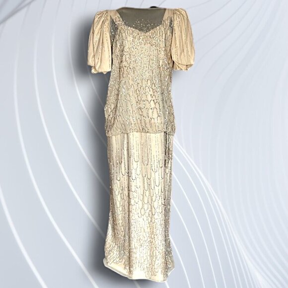 Vintage Alyce Designs Cream Beaded Art Deco Gown Size 16 - Picture 1 of 16